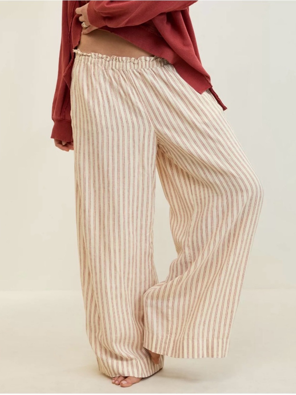 Aerie Linen Blend Wide Leg Striped Pants Paperbag Waist S/P Coastal